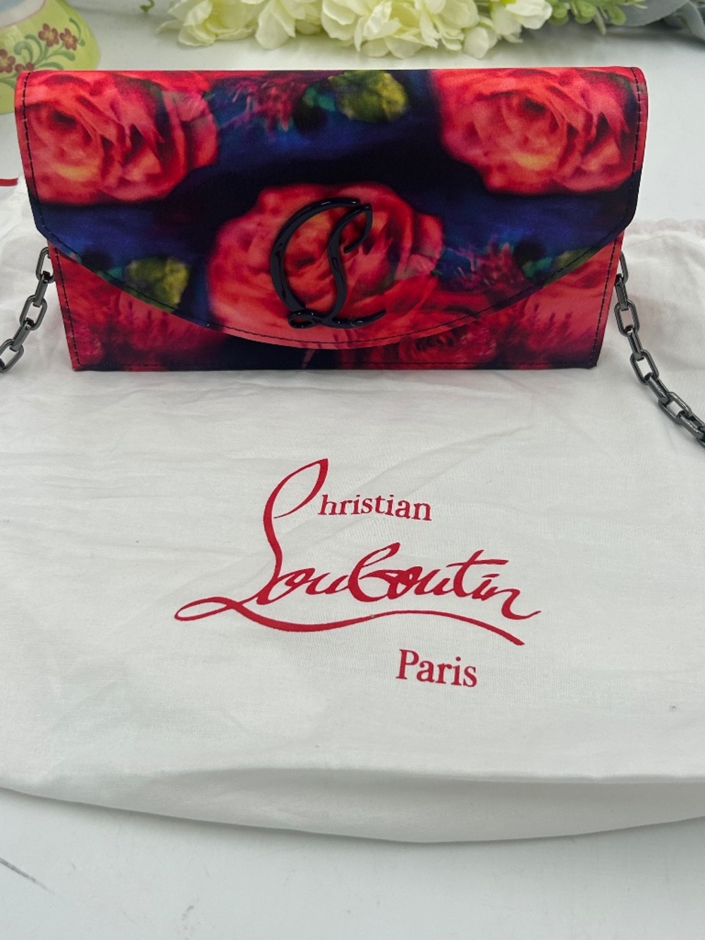 Women’s Christian Louboutin Loubi54 Floral Satin Crepe Clutch.  Made in Italy.